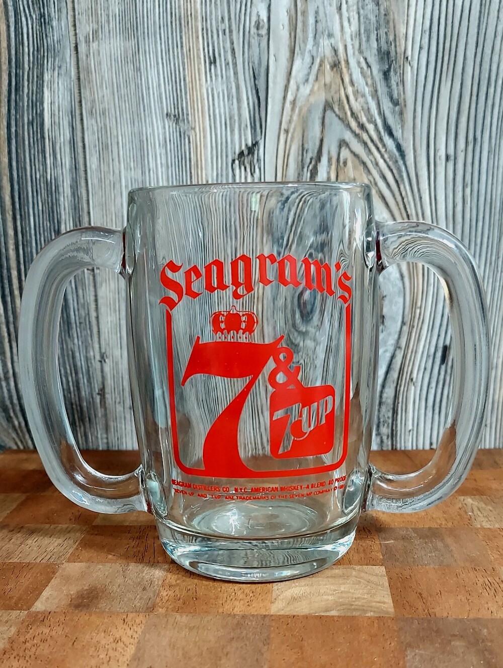 Vintage 1981 Seagrams 7 7-Up Glass Double Handled Mug Retro Barware Collectible